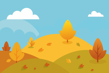 A cartoon autumn hillside with golden leaves vector illustration