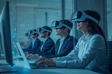 Business team wearing V R headsets interacting with digital data in office virtual reality