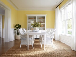 A sun-drenched dining room, bathed in soft yellow light, showcases a crisp white table and chairs, perfect for a sunny meal.