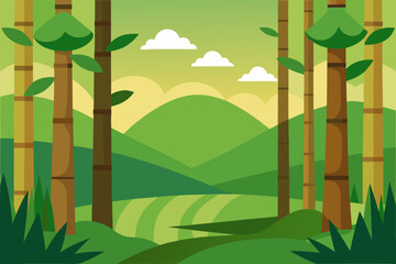A peaceful clearing within a cartoon bamboo forest vector illustration