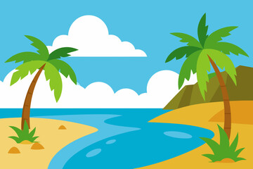 Obraz premium A tropical cartoon beach cove with many palm trees vector illustration