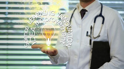Modern doctor reveals glowing lightbulb with words symbolizing science, innovation, learning, and...