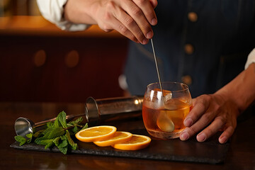 Bartender stirring cocktail with orange slices and mint