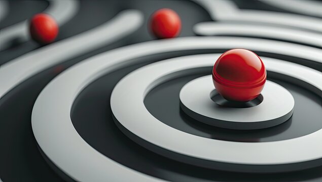 Red spheres navigate concentric circles, target focus, abstract maze background, business strategy illustration