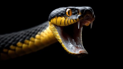 Black & yellow snake, menacing fangs bared, open mouth, contrasting vivid eye color