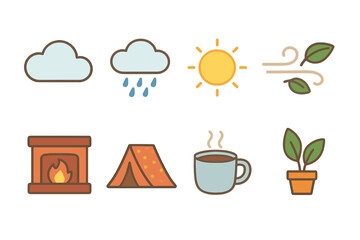 Cozy Lazy Weather Icons. Flat vector mini-illustrations lazy day weather in colors children's illustrations: cloudy sky, light