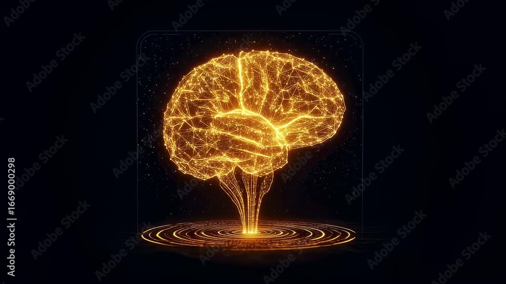 Poster digital human brain representation for artificial intelligence. glowing neuron network inside virtua