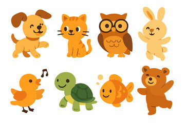 Fototapeta premium Cute Animal Icons. Flat vector mini-illustrations animal characters in colors children's illustrations: playful puppy, curious