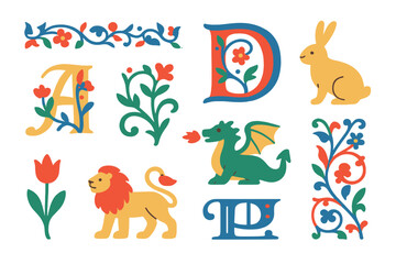 Naklejka premium Decorative Kids Illustrations. Flat vector mini-illustrations manuscript illustrations in colors children's illustrations: