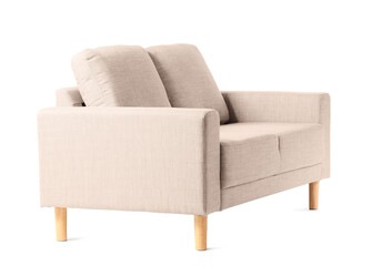 Modern beige sofa isolated on white background, closeup