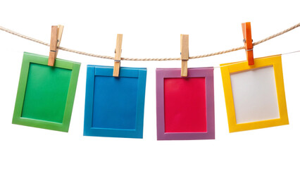 Four Blank Colorful Instant Photo Frames Hanging on Rope – Empty Picture Template PNG