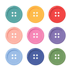 Group of nine sewing buttons in different colors and shades, isolated on transparent background
