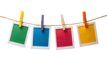 Four Blank Colorful Instant Photo Frames Hanging on Rope – Empty Picture Template PNG