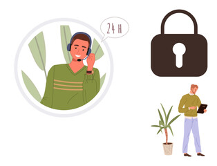 Man with headset offers 247 support, lock symbolizes data security, professional works on tablet. Ideal for customer service, cybersecurity, remote work, privacy, professionalism, tech solutions
