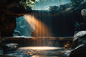 Sunlit waterfall cascades into a serene pool, creating a mystical and enchanting scene surrounded by rocks and greenery.