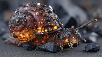 Sci-fi snail with glowing orange shell sits on rocks, futuristic and detailed