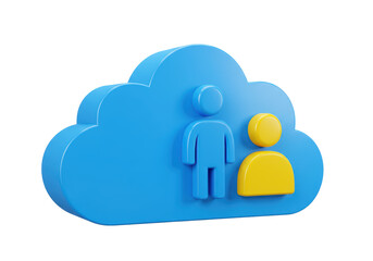 Isolated 3D rendered illustration of a light blue cloud with a light blue male figure and a yellow female figure, representing user access and cloud technology, signifying data sharing and secure 