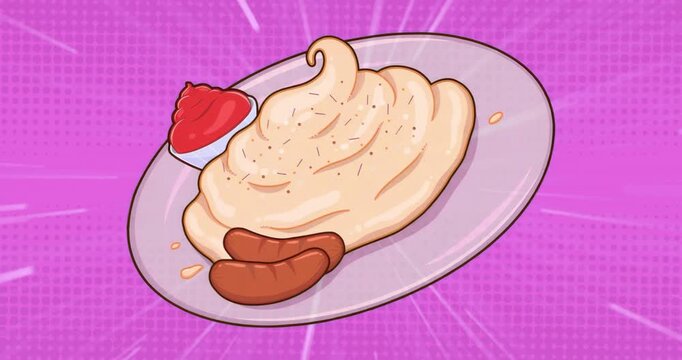 Loading animation showing swirl mashed potatoes and sausages on plate glowing under streaks on pink