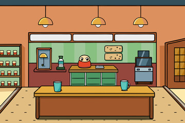 A cozy cartoon coffee shop interior scene vector illustration