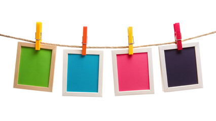 Four Blank Colorful Instant Photo Frames Hanging on Rope – Empty Picture Template PNG
