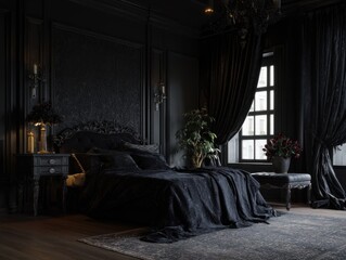 A rich, dark bedroom with ornate furniture, opulent drapes, and a touch of gothic elegance.  The room's deep tones create a mysterious ambiance.