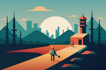Obraz premium A cartoon construction site with heavy machinery vector illustration