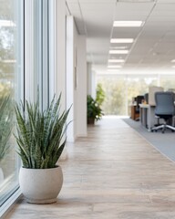Large plant sits in a white vase on a wooden floor in a large room