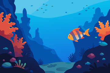 Fototapeta premium A beautiful underwater cartoon background of a coral reef with fish vector illustration