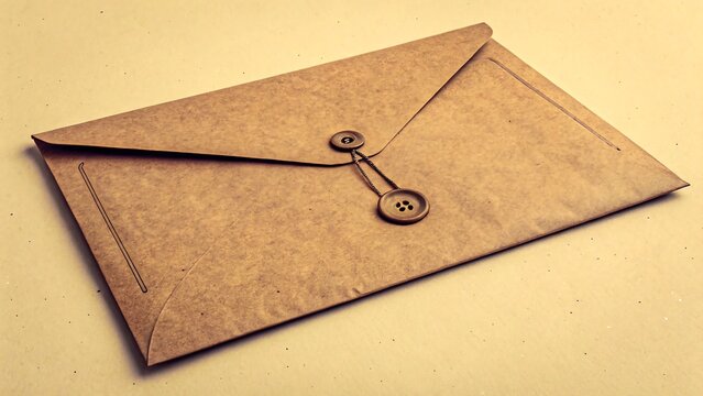 Vintage kraft paper envelope with string and button closure on beige background