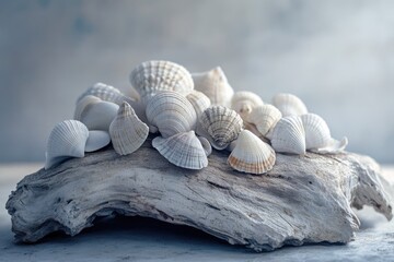 Seashell collection resting on a weathered driftwood piece, creating a serene and natural coastal composition against a blurry background.