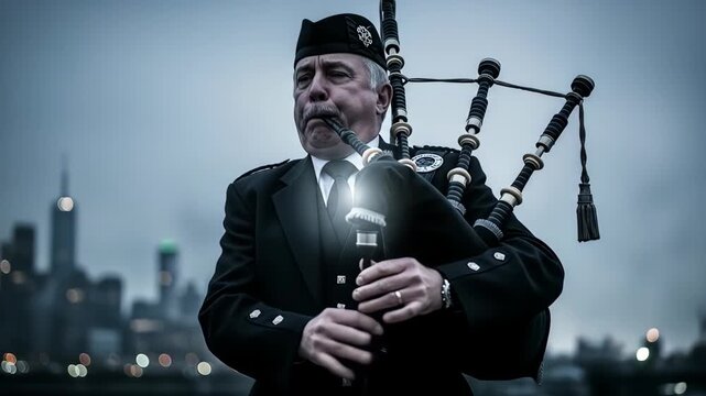 Professional bagpiper playing traditional instrument with city skyline backdrop, evoking heritage, culture, and memorable moments