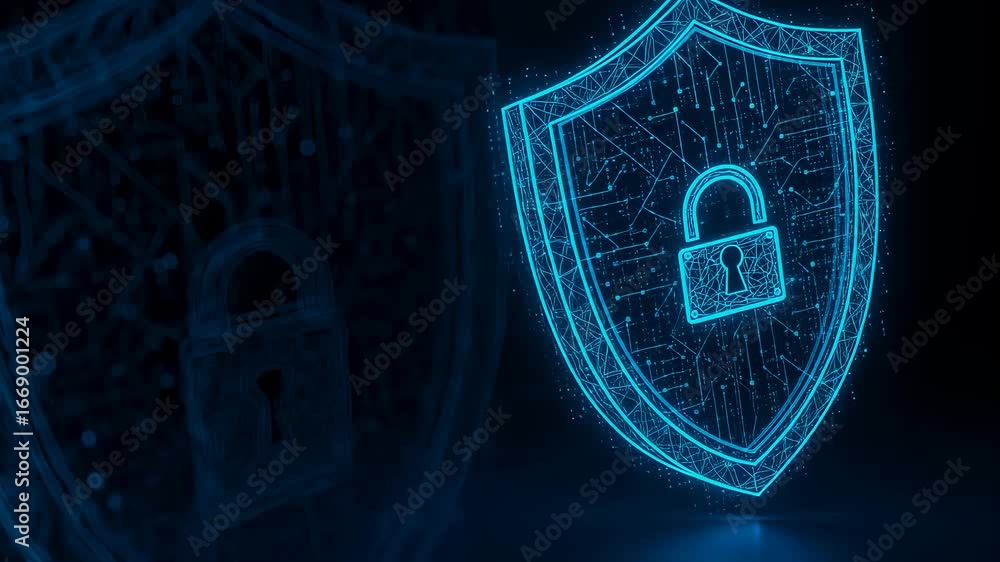 Aufkleber blue cybersecurity shield icon with padlock on a circuit board background symbolizing digital data p