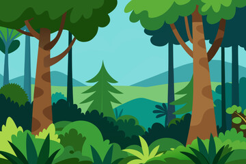 A cartoon illustration of a dense jungle with tall trees vector illustration