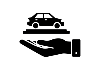 Isolated car dealership icon showing a sedan on a podium supported by an open hand in business attire, symbolizing care, service, and promotion in automotive sales