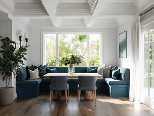 Fototapeta premium A bright and airy, modern dining nook with a teal-blue built-in banquette, hardwood floors, and large windows overlooking a garden.