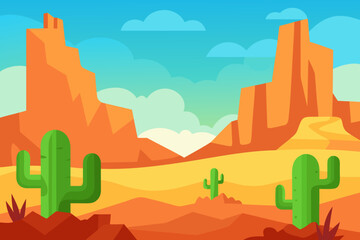 A cartoon illustration of a desert canyon with cacti vector illustration
