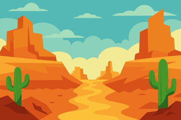 A scenic cartoon desert canyon filled with cacti vector illustration