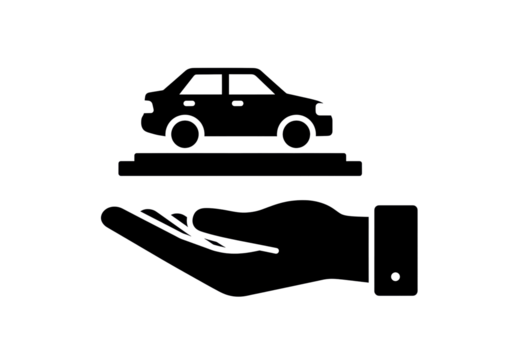 Isolated car dealership icon showing a sedan on a podium supported by an open hand in business attire, symbolizing care, service, and promotion in automotive sales