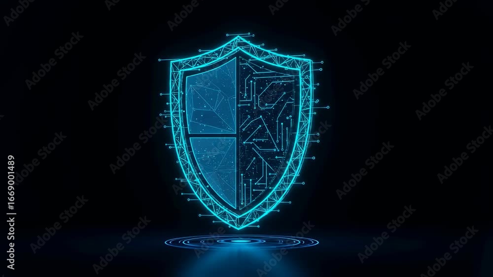 Poster digital security shield icon rotating in a cyberspace environment with glowing lines. cybersecurity 