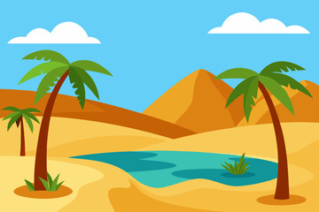 Obraz premium A cartoon desert oasis with palm trees vector illustration