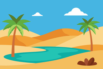 Fototapeta premium A lush cartoon desert oasis filled with palm trees vector illustration