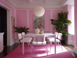 A dining room boasts a vibrant pink color scheme, featuring a white table and chairs with plush seating, complemented by lush greenery and a decorative Asian-inspired artwork.
