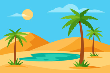 Fototapeta premium A beautiful cartoon landscape of a desert oasis with palm trees vector illustration