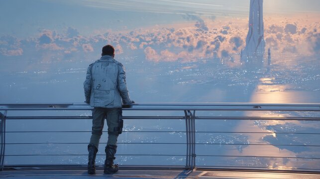 A man contemplates the vast cityscape at sunset from a modern balcony setting.