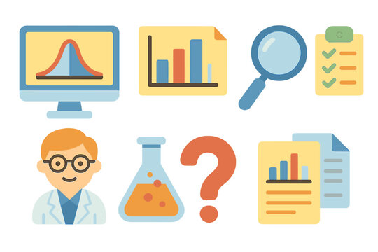 Hypothesis Testing Icons. Flat vector mini-illustrations hypothesis testing in colors children's illustrations: computer screen,