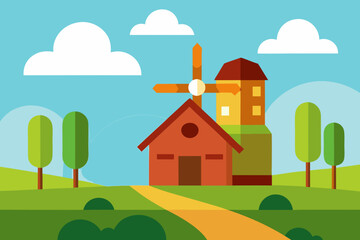 Fototapeta premium A scenic cartoon farmland with a tall windmill vector illustration