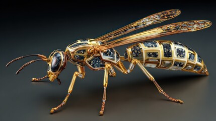 Ornate wasp sculpture on dark surface, detailed body with golden legs and clear wings