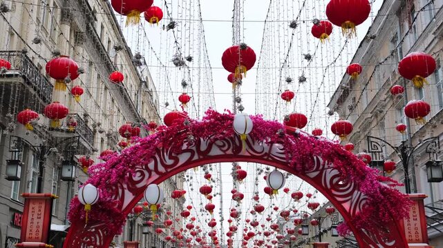 Chinese red lantern in the night of Chinese New Year of happiness