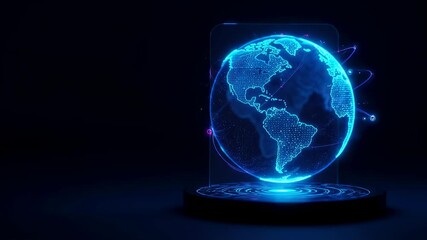 Blue glowing digital earth hologram is spinning on a podium, global network connection concept, technology and communication footage. - Powered by Adobe