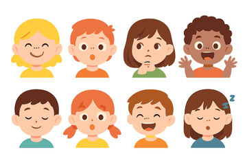 Kids' Emotion Icons. Flat vector mini-illustrations reading emotions in colors children's illustrations: happy face, surprised